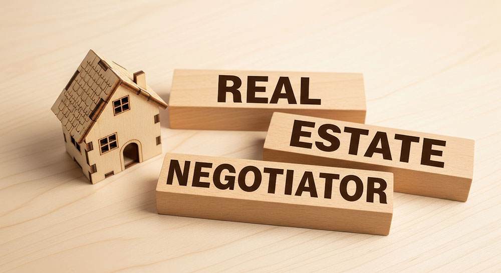 Wooden house with blocks saying real, estate, and negotiator